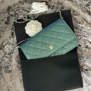 SOLD - Chanel Classic Flap Wallet on Chain WOC Iridescent Green 22P RARE & BNIB